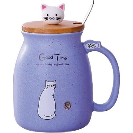 (Lila) Keramikbecher, Katzen-Kaffeebecher – Lila – Holzdeckel – Löffel inklusive (1/4)