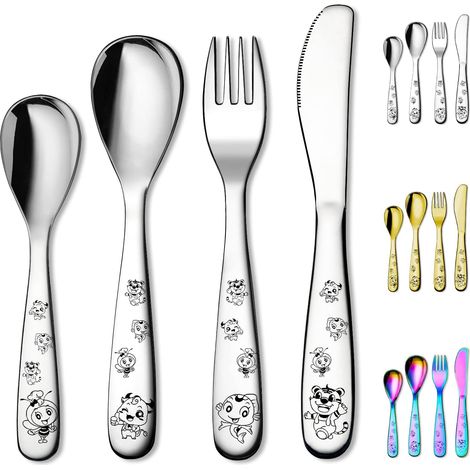 Couvert Enfant 4 pièces, vaisselle de fourchette et de cuillère de sécurité pour enfants, vaisselle à bord lisse miroir poli (1/5)