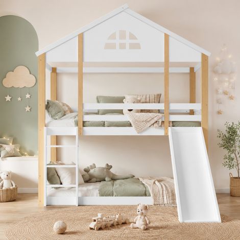 Letto a soppalco in legno massello e MDF bianco/naturale 90x200 cm con scala angolare e scivolo