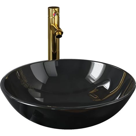 vidaXL Lavabo de baño grifo y desagüe de empuje vidrio templado negro (1/2)