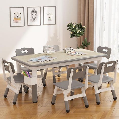 Ensemble Table Enfant avec 6 Chaises Réglables en Hauteur, Plateau Effaçable Graffiti avec Feutres, Bureau d’Activité Gris (1/5)