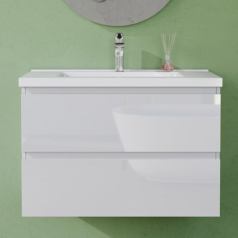 AVER-GROWTH 800mm Gloss White Bathroom Vanity Unit With Wash Basin Ceramic Sink, 2 Soft-Close Drawers for Storage, Wall Hung Cabinets (1/5)