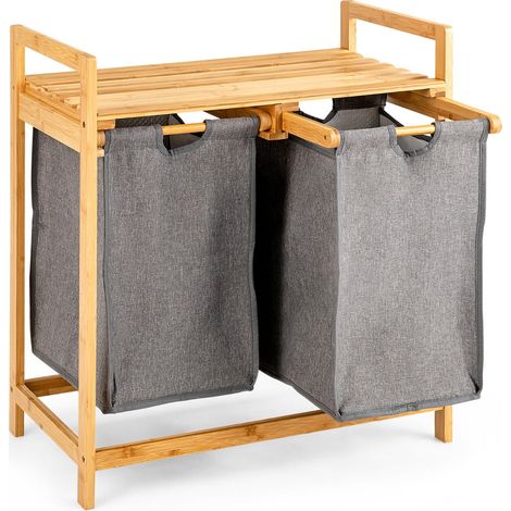 Cesto de ropa sucia de pie 64 x 33 x 73 cm con 2 bolsas de clasificación extraíbles y estante superior en bambú natural 200012975