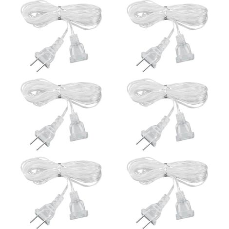 Paquete de 6 cables de extensión transparentes de 4,9 m, enchufe estadounidense de 2 clavijas, cable de cobre y PVC para luces de fiesta de interior. (1/4)