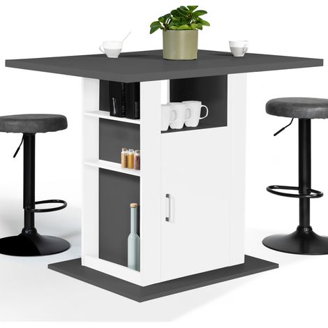 Idmarket – Îlot central 110 cm – Plateau bois gris et blanc – Rangement intégré avec placard et étagères – Pour cuisine moderne