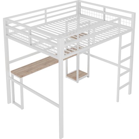 Hochbett 140 x 200 cm aus Metall, Weiß, mit Schreibtisch, Regalen, USB-C und Leiter (1/5)