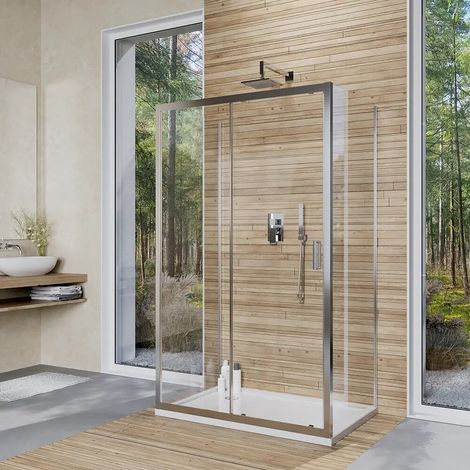 Cabine de douche à 3 côtés 70 x 145 x 70 cm avec porte coulissante et verre trempé transparent de 6 mm Ustica (1/4)