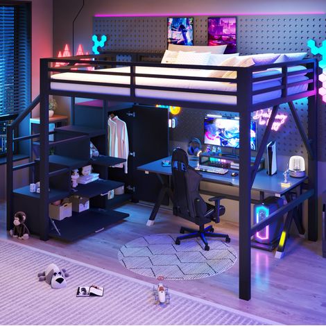 Hochbett 140x200 cm schwarz aus Metall und MDF mit Stauraum, Kleiderschrank und LED (1/5)