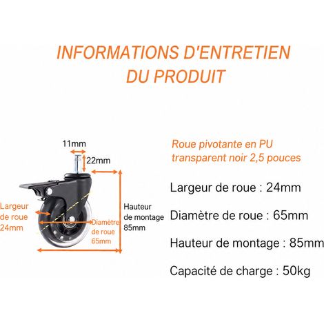 Roulette pivotante à tige 2,5 pouces 65 mm avec frein en polyuréthane PU tout noir 40 kg 2.5 noir 40kg 65mm 220 g – Livraison gratuite