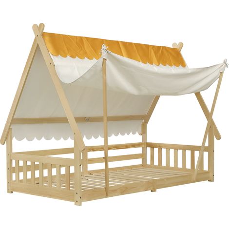 Cama infantil tipo casita 90 x 200 cm con tienda desmontable, barandillas, pino (1/5)