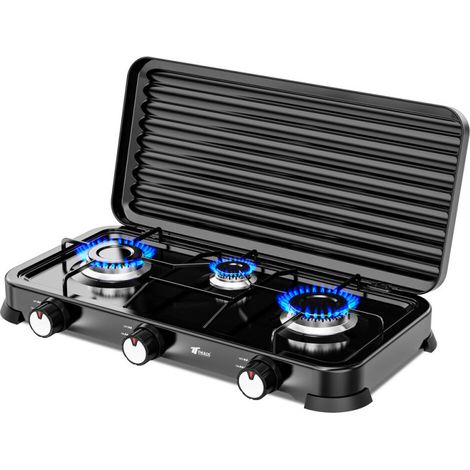 Hornillo a Gas 3 Quemadores con Tapa  Cocina Portatil  Gas Butano y Propano  Cuerpo Inoxidable  Potencia de Fuego Ajustable (1/5)