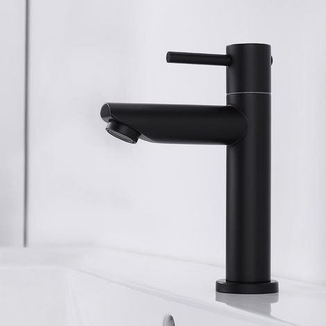Robinet lave main eau froide uniquement, robinet lavabo eau froide pour WC, robinetterie avec Bec Hauteur 100mm en acier inoxydable Noir Matte (1/5)