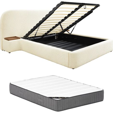 Lit coffre 160 x 200 cm avec chevets - Tissu bouclette - Blanc + Matelas - ESTERIA de Maison Céphy (1/5)