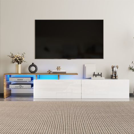 Meuble TV au design moderne : élégant et raffiné, espace de rangement pratique, blanc laqué brillant, aspect bois, étagères en verre, éclairage LED (1/5)