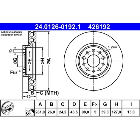 Lot de 2 Disques de frein ATE 24.0126-0192.1 FIAT 52017292 52017293 52067393