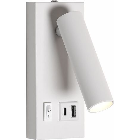 Wall-Mounted Bedside Lamp, 3W Rotating LED Wall Light with USB Type-C Charger, Reading Spot, Ceiling Light, for Bedroom (White, Warm Light 3000K, 3W)