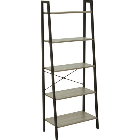 Interiors by Premier Five Tier Grey Oak Veneer Ladder Shelf Unit, Functional Industrial Narrow Shelf, Stylish Tall Cupboard
