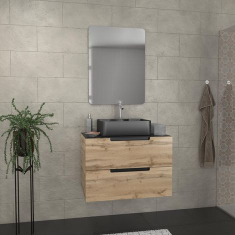 Mobile bagno 80 cm 2 cassetti - Rovere e nero - Lavabo rettangolare - Specchio 60x80 - OMEGA