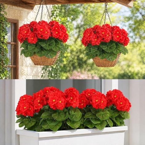 Fleurs de géranium artificielles 6 pièces – Pélargoniums artificiels 36 cm avec feuilles – Fleurs de jardin résistantes aux UV – Pour balcon rebord de fenêtre et décoration extérieure – Rouge (1/5)
