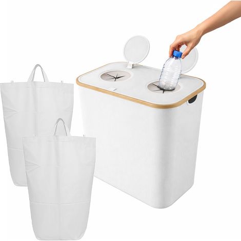 Relaxdays Pfandflaschen Sammelbehälter, 140 L, bis 60 Flaschen, 2 Innenbeutel, Flaschensammler für Glas & Plastik, weiß