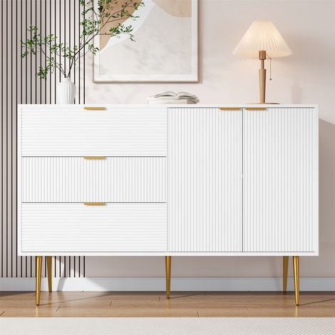 Buffet 120x38x80.5cm - meuble avec 2 portes et 3 tiroirs - étagères intérieures, avec poignées et pieds dorés - Blanc (1/5)