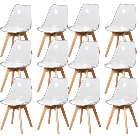 12 Chaises Tulipes Salle à Manger Scandinaves Bm Home Salle de Bureau, Pieds Bois de Hêtre Massif, Transparente, Assise Blanche (1/5)