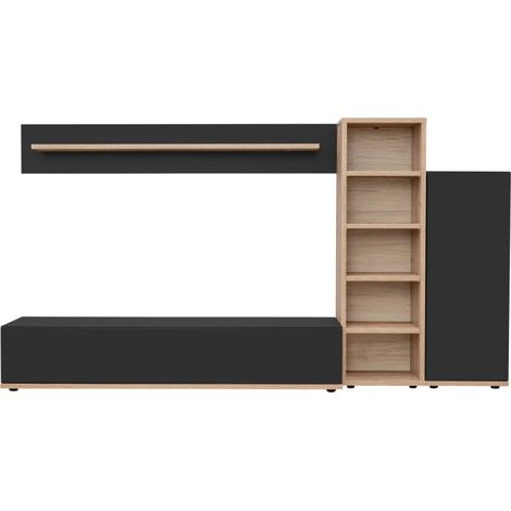 Ensemble meuble TV mural Silk III - Bois MDF noir mat et chêne Ribbeck - 240 x 127 x 40 cm - Livraison gratuite (1/5)