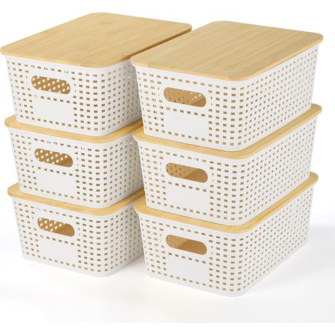 Boîte de Rangement en Plastique avec Couvercle en Bambou, Boîte Empilable, Boîte Pour Ranger Dans Étagères, Tiroirs, Bureau, Armoires, Salles de Jeu et Bureaux, Set de 6, Blanc (1/5)