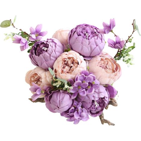 Fleur artificiel,Bouquet de pivoine de noyau de bourgeon de style européen fausses fleurs, décoration de mariage à la maison 13 fleurs artificielles de pivoine-Violet clair (1/5)