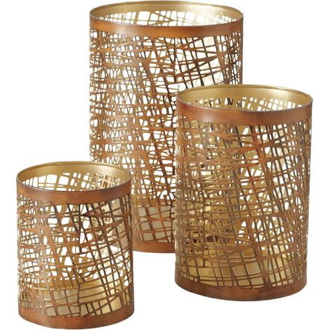 Kerzenleuchter Windlicht Kerzenständer Wohnzimmer Tisch Deko Innen in goldfarben, Eisen pulverbeschichtet, DxH 10-15 - 12-22 cm, 3er Set