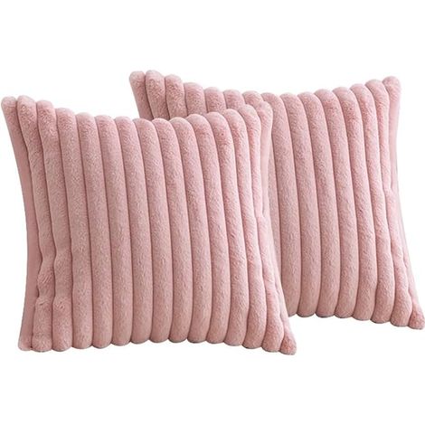 Lot de 2 Housses de Coussin en Peluche en Fausse Fourrure Décorative Douce à Rayures moelleuses pour Coussin de Chambre à Coucher de canapé 45 x 45 cm Rose (1/5)
