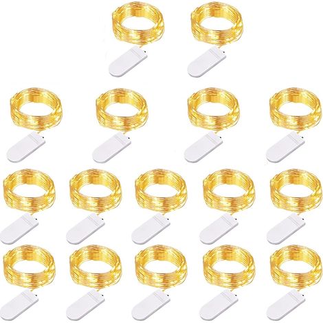 Guirlande Lumineuse à Piles, 16 Pack Mini Guirlande Cuivre à Piles 2m 20 LEDs Intérieur Décoration Lumière pour Chambre Noël Mariage Fête Soirée Maison Jardin