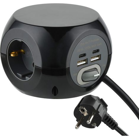 Electraline 62080 Ciabatta elettrica a 3 prese con 4 17 W (2 tipo C compatibili con la più recente tecnologia 3.4A Q.C) con interruttore, cavo da 1,5 m, colore: nero, 2 USB + 2 Type C (1/4)