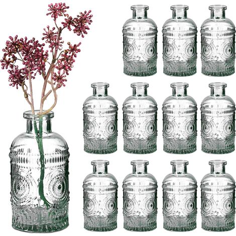 Relaxdays Glass Vase, Set of 12, for Table Decor, Vintage Design, H: 13x6 cm, Decorative Mini Bottles for Flowers, Clear (1/5)