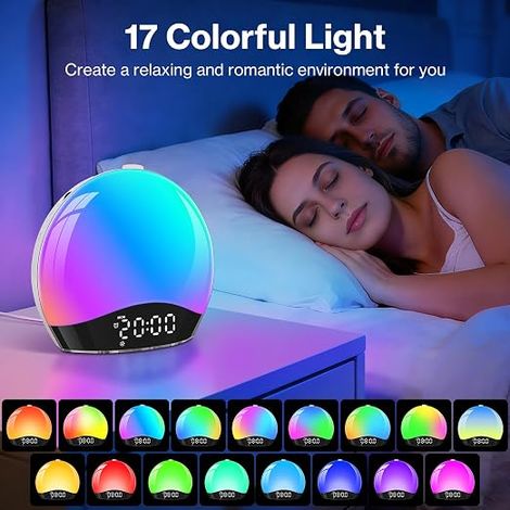 Eveil Lumière Simulateur D'aube Sur Lampe De Chevet LED, 2 Alarmes Avec Fonction Snooze, 17 Couleurs De Lumière, 22 Sons Naturels, 20 Niveaux De Luminosité, Éclairage D'ambiance, Lampe De Chevet (1/4)