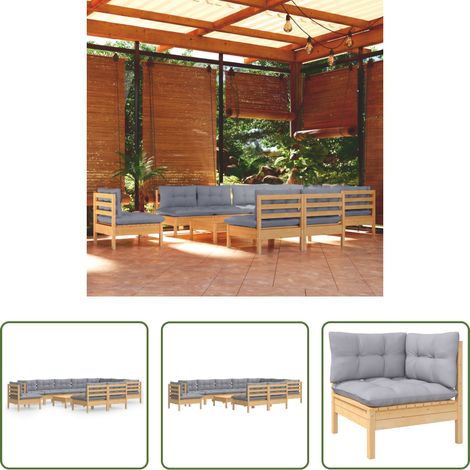 Terrassensofa - 11-tlg. Garten-Lounge-Set mit Grauen Kissen Kiefer Massivholz (1/5)