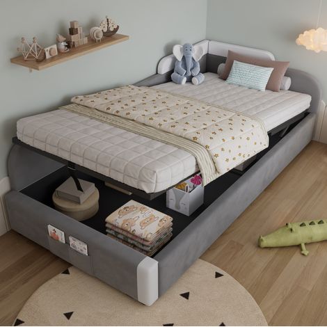 Lit simple 90x200 coffre velours blanc gris OKMYHOME (1/5)