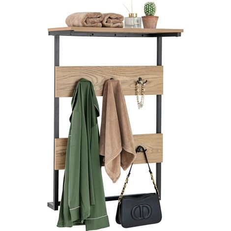 Porte-manteau industriel avec étagère et 6 crochets, avec cadre en métal, étagère murale pour entrée, salon et chambre à coucher (naturel) (1/5)