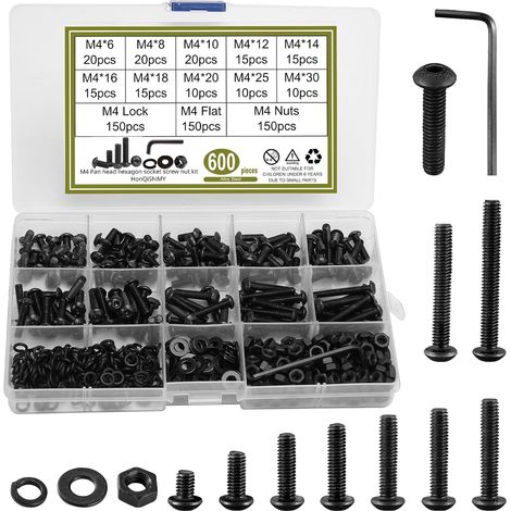 600 Pièces Vis Boulons et écrous, Cylindriques Noires M4 à Empreinte Hexagonale Interne en Acier allié Vis Bouton avec écrou à Tête Hexagonale Assortiment Kit (1/5)