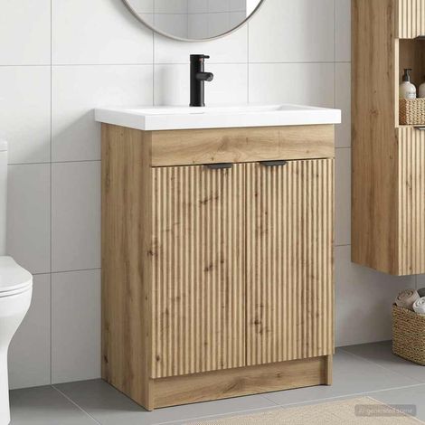Ensemble meuble salle de bain avec lavabo et robinet, bois, chêne artisanal, 56 x 37,5 x 81 cm - PANGIVO (1/5)