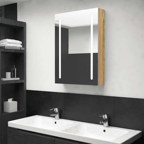 Armoire de salle de bain avec miroir LED 50 x 13 x 70 cm en MDF mélaminé, chêne - PANGIVO (1/5)
