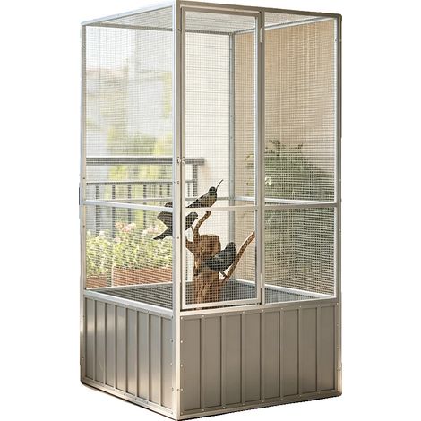 Jaula para pájaros, 111 x 107 x 211,5 cm, acero inoxidable, puerta con cerradura, malla ventilada, apta para loros. (1/5)