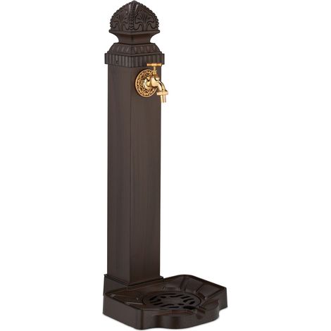 Relaxdays Standbrunnen antik, mit Wasserhahn & Becken, HxBxT: 77x29x33,5 cm, Wasserzapfsäule Garten, Terrasse, braun (1/5)