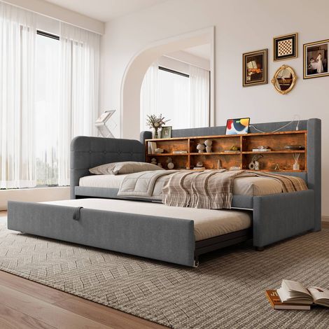 Lit banquette 90x200 cm (180x200 cm) en lin gris avec lit gigogne, ports usb-c et étagères de rangement (1/5)