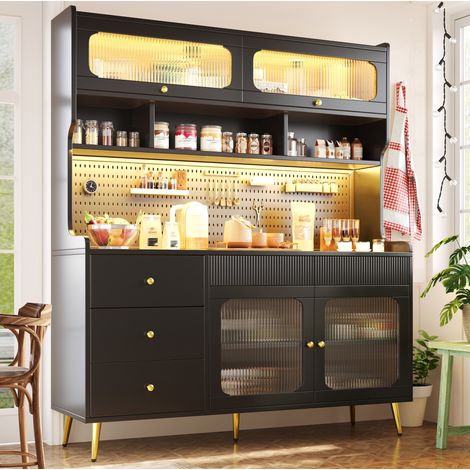 REDOM armario alto 145x39x171 cm, puerta elevable, LED RGB con app, panel perforado, MDF y vidrio negro (1/5)