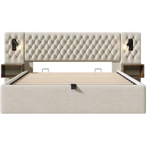 Polsterbett 160 x 200 cm mit 2 Nachttischen, LED, USB-C, Samt Beige, HOMVRA (1/5)