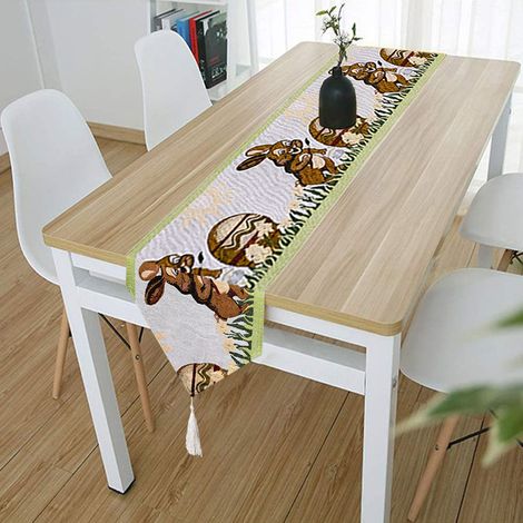 Gestricktes Osterhasen-Tischset, Tischdekoration, Stofftischdecke (1 Stück), weißes Hasenmuster mit Blumen, Fransen (1/5)