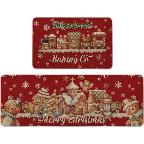 Tapetes de cocina navideños con diseño de familia de pan de jengibre, rojos, juego de 2, para un ambiente rústico y festivo. Decoración para el hogar. (1/4)