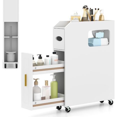 Organizzatore da 16 cm stretto e slim con portascopino e ruote con freno, Mobiletto da bagno piccolo per spazi ridotti Bianco (1/4)