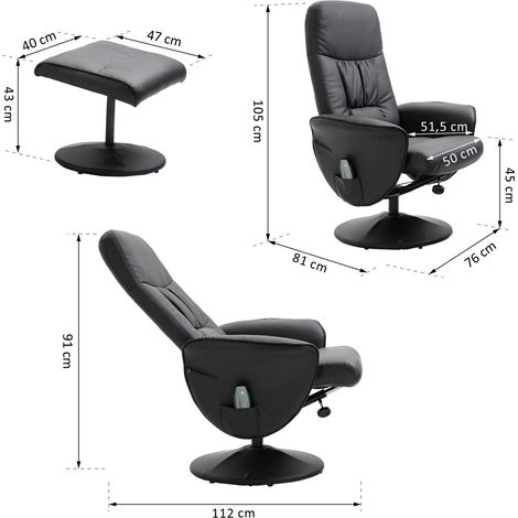 Fauteuil inclinable avec repose-pieds, fauteuil TV pivotant avec 10 points de massage, fonction inclinable, fauteuil de massage avec télécommande, poche latérale, fauteuil TV, similicuir, noir (1/5)